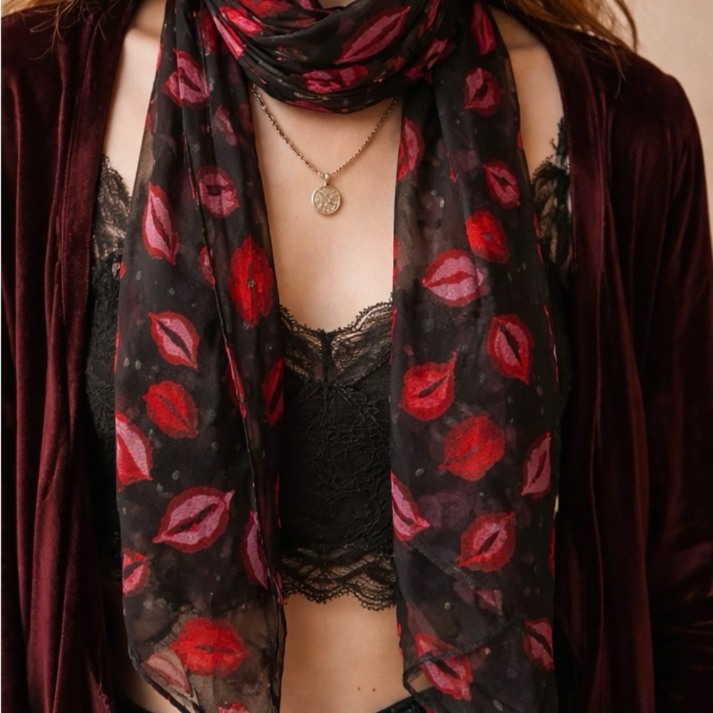 Sheer Lip Print Scarf Flirty Red Pink Wrap Lightweight Statement Scarf